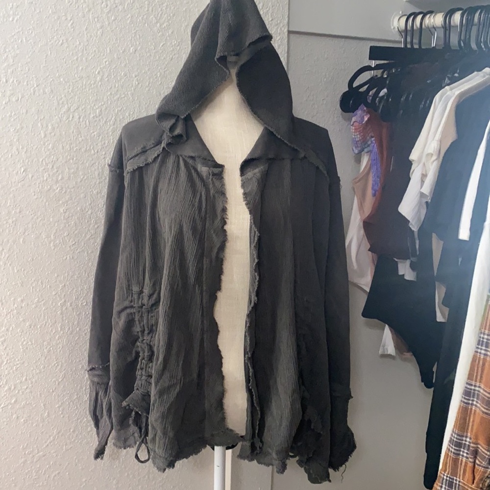 Bobeau Mixed Media Ruched Hooded Cardigan - Picture 3 of 14